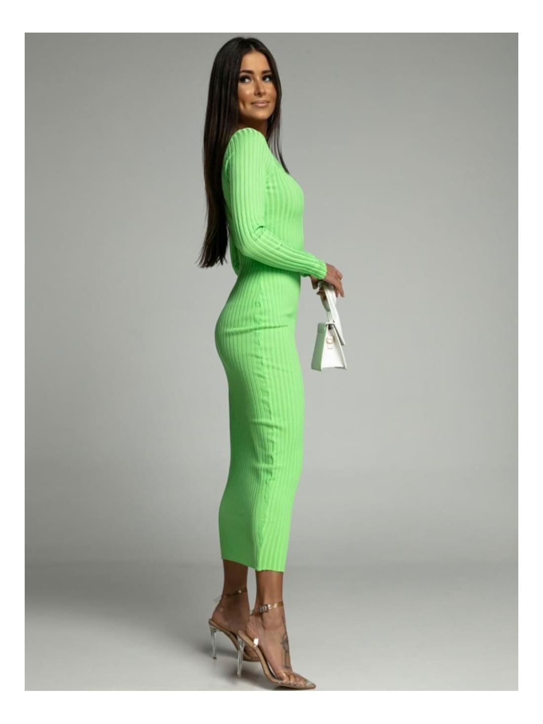 Rochie creion cu maneci lungi si decolteu, verde lime AZRJL813 - Magazin online - Boutique